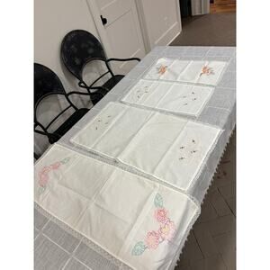 Vintage Hand Embroidered Linen Table Runners Set of Four Lace Trim Cottagecore